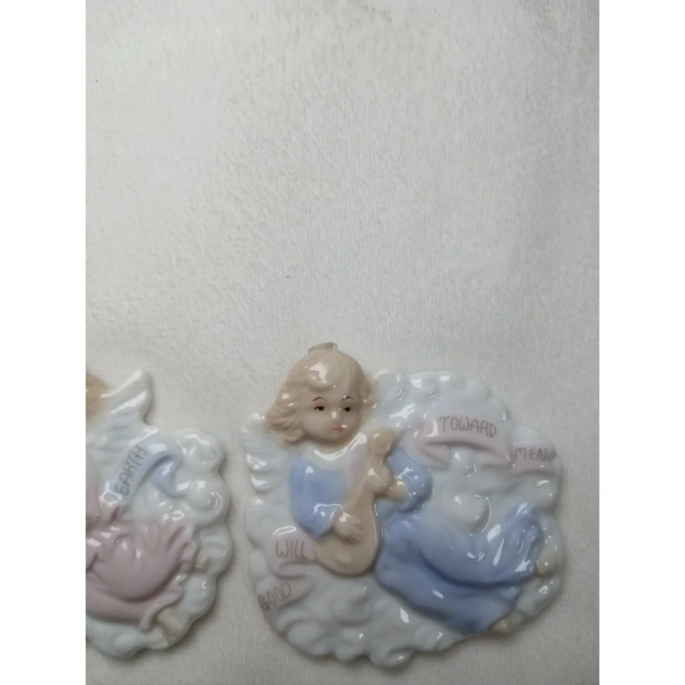 1996 Vintage H.O.L. 3 Ceramic Angel Ornaments Joy To The World Peace On Earth‎